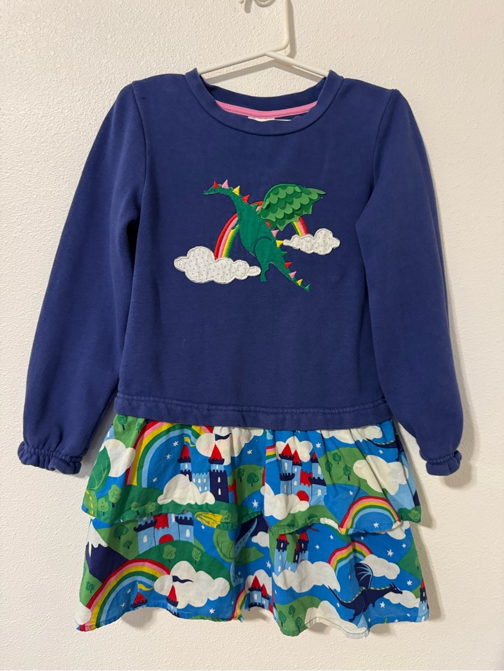 Mini Boden Rainbow Dragon Appliqué Tiered Sweatshirt Dress Blue Multicolor 7-8Y